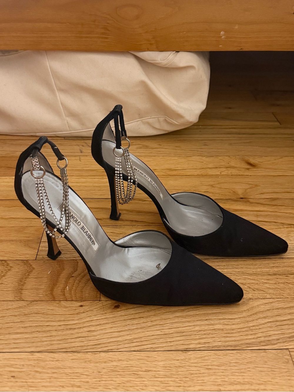 Manolo Blahnik Satin Crystal D’Orsay Pumps